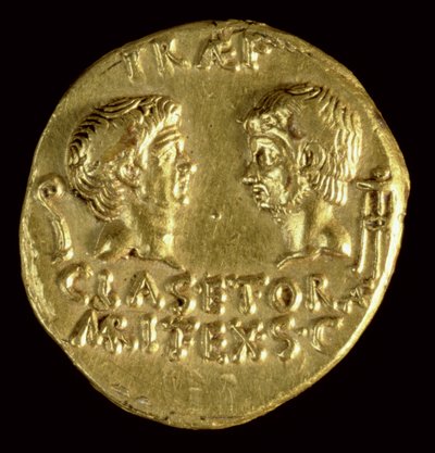 Aureus (Rückseite) geprägt von Sextus Pompeius (75-35 v. Chr.) mit den Köpfen von GN Pompeius Magnus und Gn Pompeius Junior (Gold) Inschrift: PRAEF CLAS ET ORAE MARIT EX S C von Roman